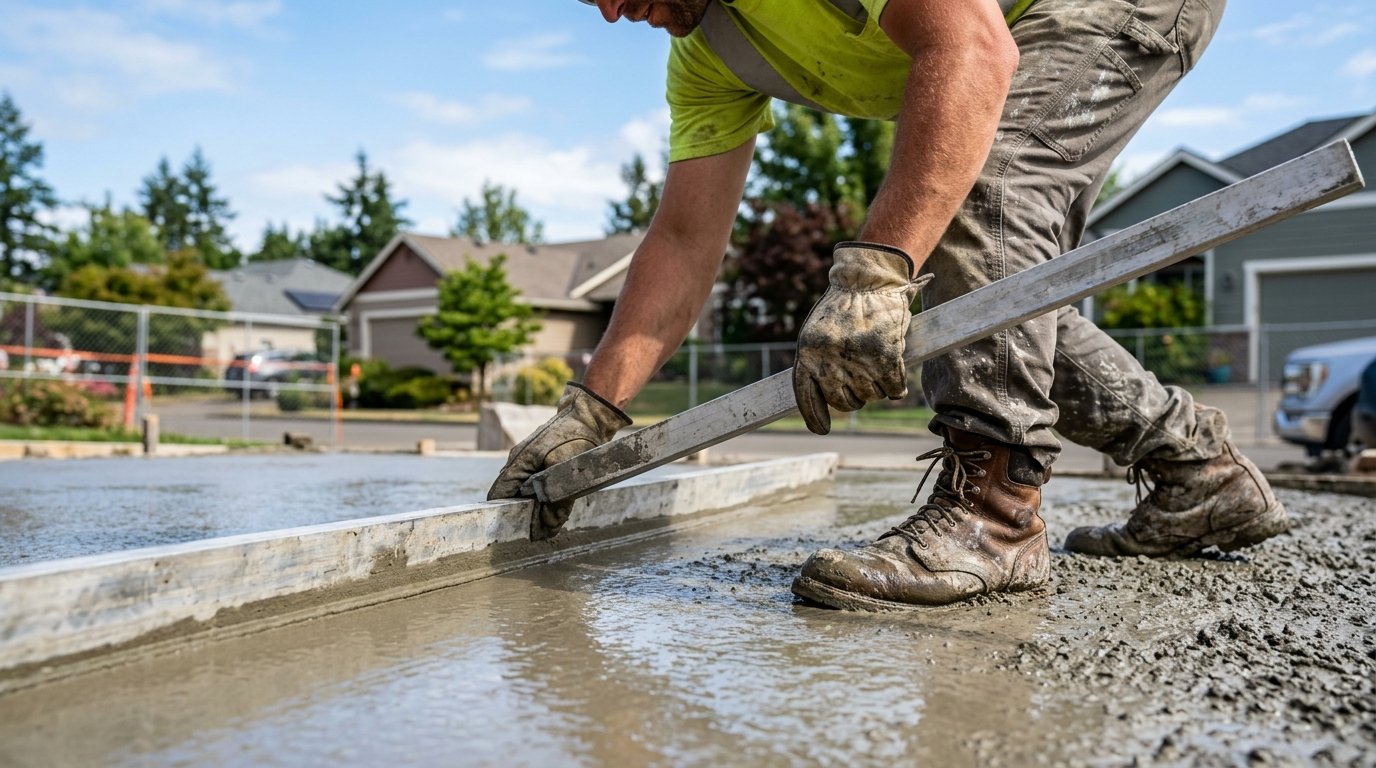 Concreting worker smoothing and screeding wet concrete with aluminum straightedge